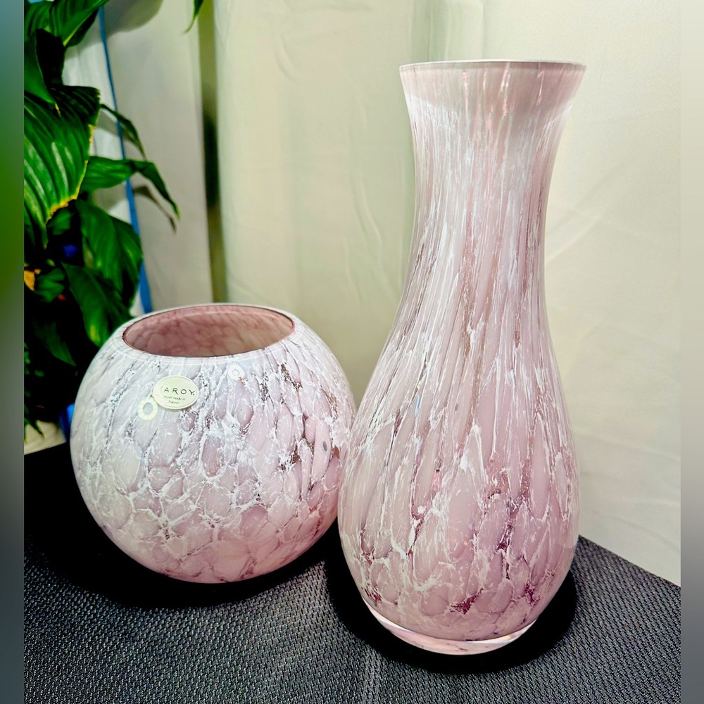 2VTG Art Glass Pieces Marbled Purple White To Clear Made In Poland- Vase/ Light